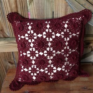 Hand Crochet Lace Top Cotton Maroon Accent Pillow with Scalloped Trim